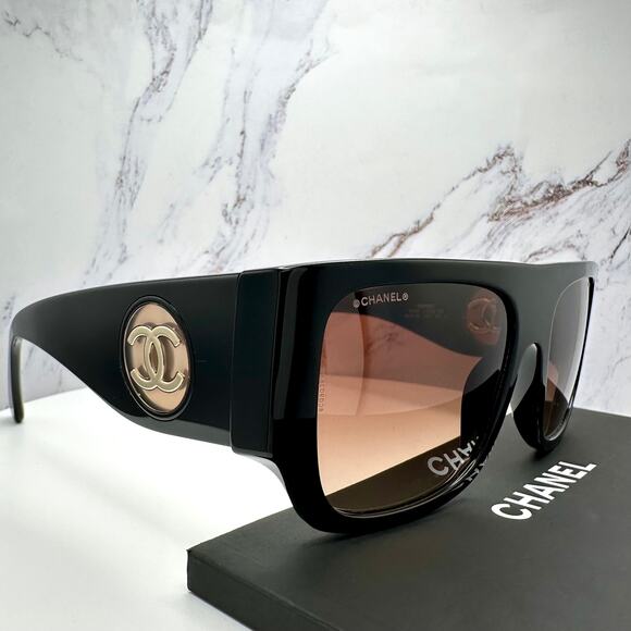 CHANEL Sunglasses Black Square Shield Gold CC Gradient Brown Lens - Picture 5 of 16